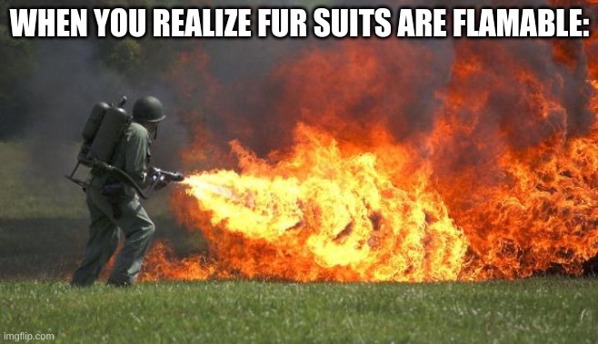 cleansing the world | WHEN YOU REALIZE FUR SUITS ARE FLAMABLE: | image tagged in flamethrower | made w/ Imgflip meme maker