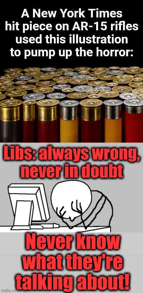 They're shotgun shells | A New York Times hit piece on AR-15 rifles used this illustration to pump up the horror:; Libs: always wrong,
never in doubt; Never know
what they're
talking about! | image tagged in memes,computer guy facepalm,new york times,ar-15,guns,democrats | made w/ Imgflip meme maker