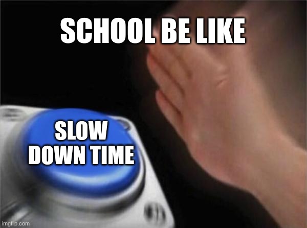 school meme | SCHOOL BE LIKE; SLOW DOWN TIME | image tagged in memes,blank nut button | made w/ Imgflip meme maker