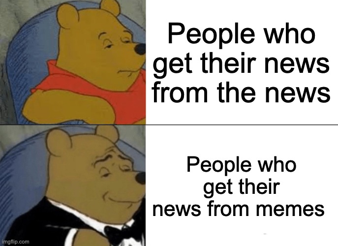 News be liikee | People who get their news from the news; People who get their news from memes | image tagged in memes,tuxedo winnie the pooh | made w/ Imgflip meme maker