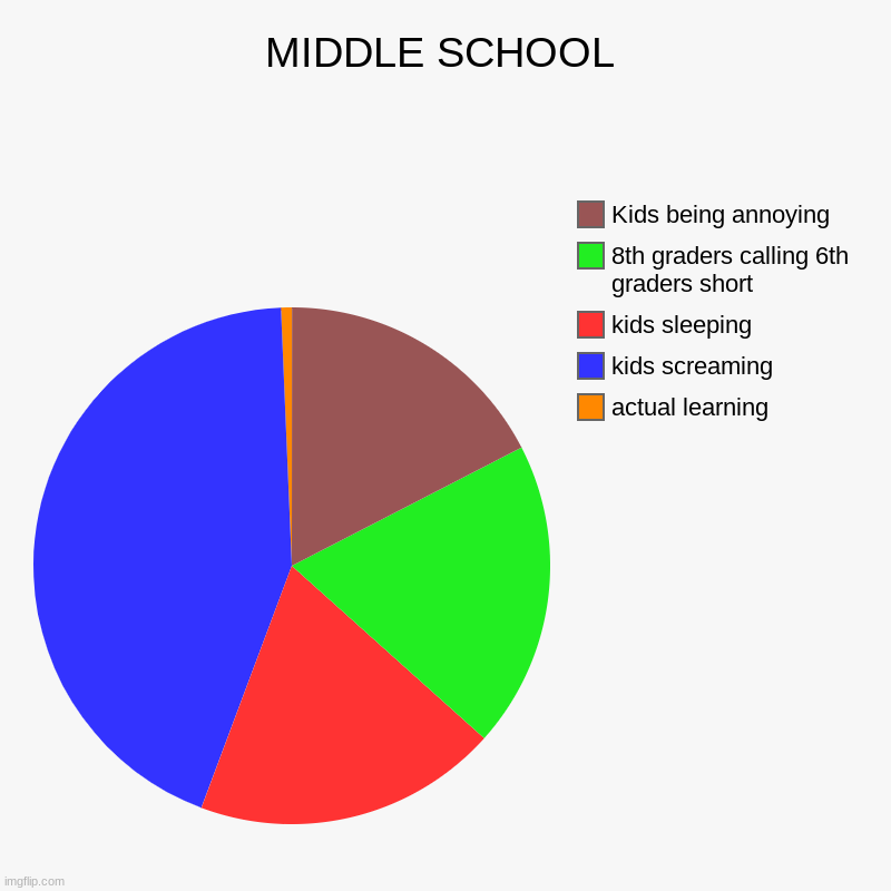 Middle school chart | MIDDLE SCHOOL | actual learning, kids screaming, kids sleeping, 8th graders calling 6th graders short, Kids being annoying | image tagged in charts,pie charts,middle school | made w/ Imgflip chart maker