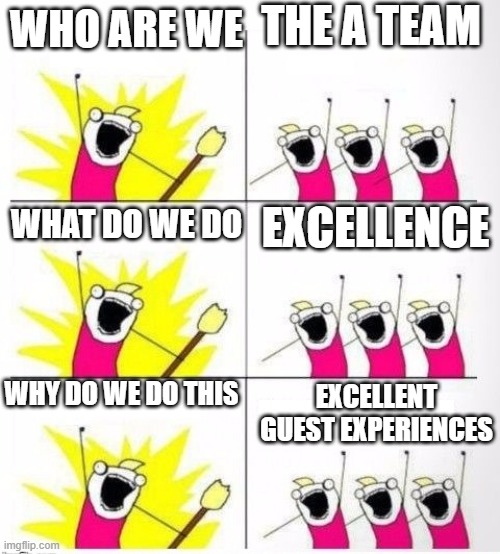 Who are we | THE A TEAM; WHO ARE WE; EXCELLENCE; WHAT DO WE DO; WHY DO WE DO THIS; EXCELLENT GUEST EXPERIENCES | image tagged in who are we | made w/ Imgflip meme maker