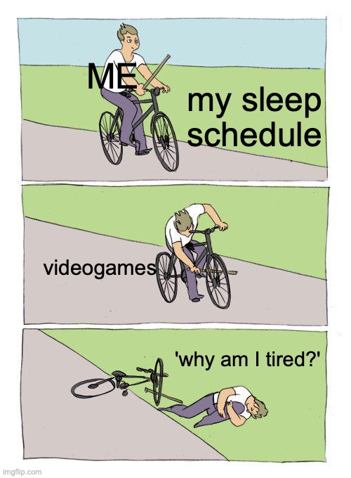 relatable? | ME; my sleep schedule; videogames; 'why am I tired?' | image tagged in memes,bike fall | made w/ Imgflip meme maker