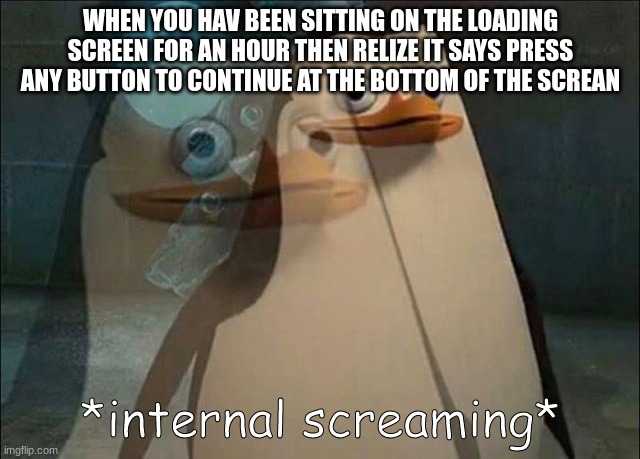 Gamers we all know how it fells | WHEN YOU HAV BEEN SITTING ON THE LOADING SCREEN FOR AN HOUR THEN RELIZE IT SAYS PRESS ANY BUTTON TO CONTINUE AT THE BOTTOM OF THE SCREAN | image tagged in private internal screaming,funny,meme,gamer,why,relatable | made w/ Imgflip meme maker