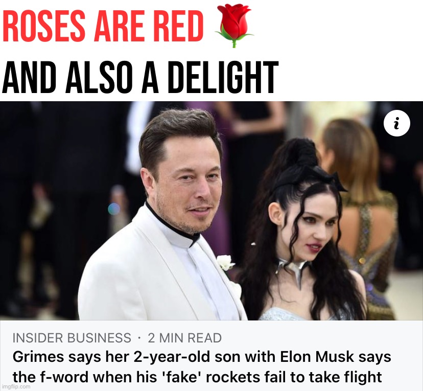 Troll of the Day: Elon Musk | Roses are red 🌹; And also a delight | image tagged in elon musk 2 year old son,elon musk | made w/ Imgflip meme maker