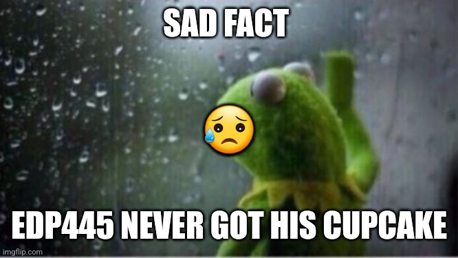 Edp446 | SAD FACT; 😥; EDP445 NEVER GOT HIS CUPCAKE | image tagged in kermit rain,edp446,memes | made w/ Imgflip meme maker