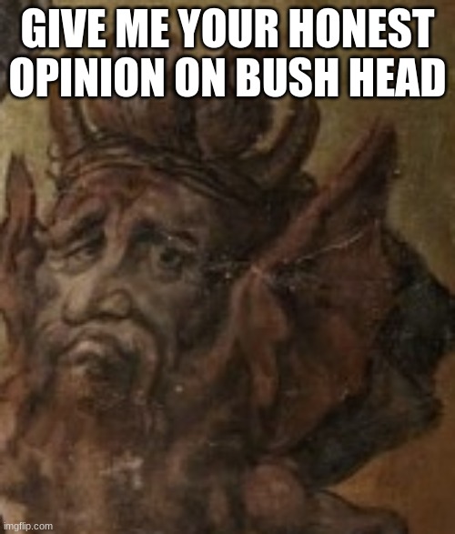 misery | GIVE ME YOUR HONEST OPINION ON BUSH HEAD | image tagged in misery | made w/ Imgflip meme maker