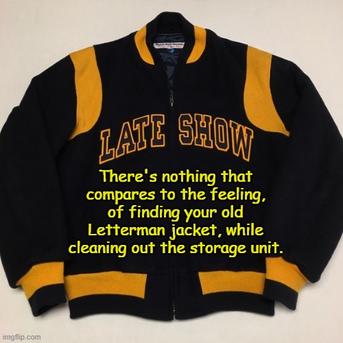 If there were a Razzie category, for 'Worst Meme of the Year.'  My friends, you'd be looking at the winner for 2022! | There's nothing that compares to the feeling, of finding your old Letterman jacket, while cleaning out the storage unit. | image tagged in jacket,golden,raspberry,award,worst,funny meme | made w/ Imgflip meme maker