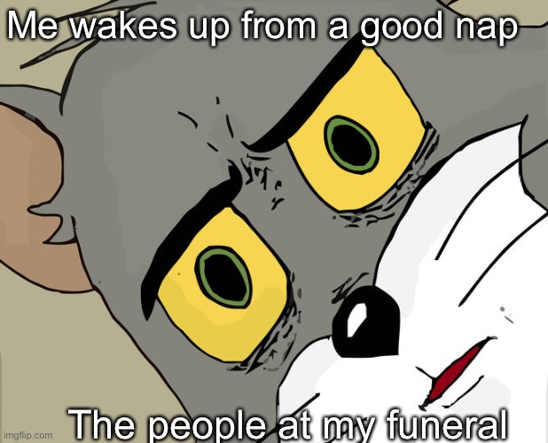 Repost just with a different picture | Me wakes up from a good nap; The people at my funeral | image tagged in memes,unsettled tom | made w/ Imgflip meme maker