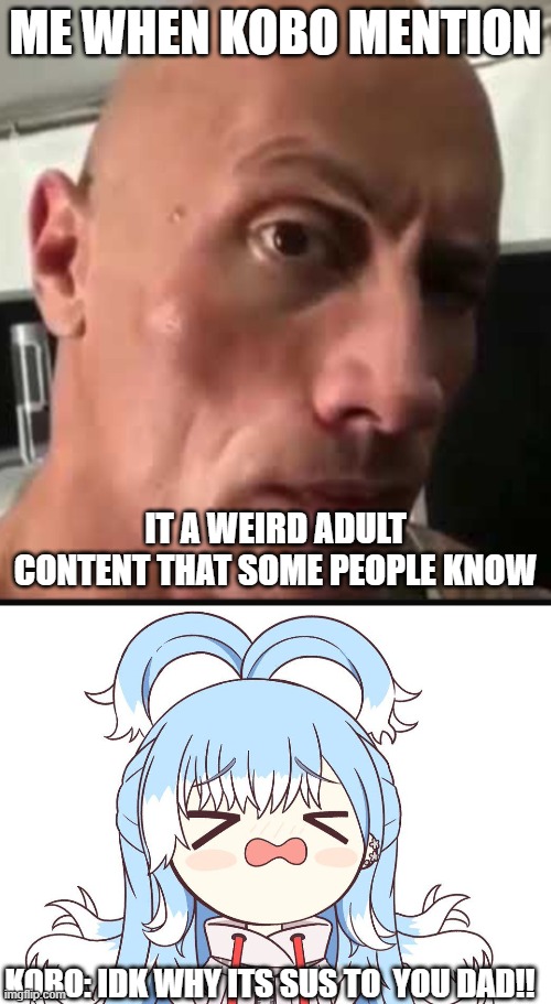 Holy shit did Kobo say something in one cup with Kronii??? | ME WHEN KOBO MENTION; IT A WEIRD ADULT CONTENT THAT SOME PEOPLE KNOW; KOBO: IDK WHY ITS SUS TO  YOU DAD!! | image tagged in dwayne johnson eyebrow raise | made w/ Imgflip meme maker