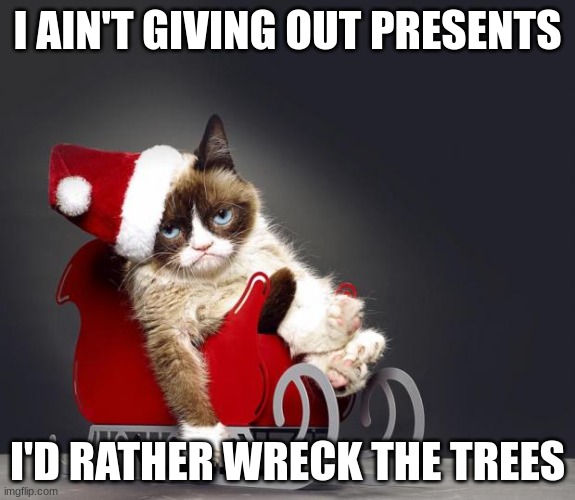 Bruh | I AIN'T GIVING OUT PRESENTS; I'D RATHER WRECK THE TREES | image tagged in grumpy cat christmas hd | made w/ Imgflip meme maker