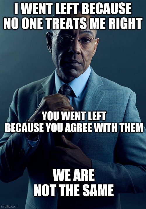 Heheh, get it? | I WENT LEFT BECAUSE NO ONE TREATS ME RIGHT; YOU WENT LEFT BECAUSE YOU AGREE WITH THEM; WE ARE NOT THE SAME | image tagged in gus fring we are not the same | made w/ Imgflip meme maker