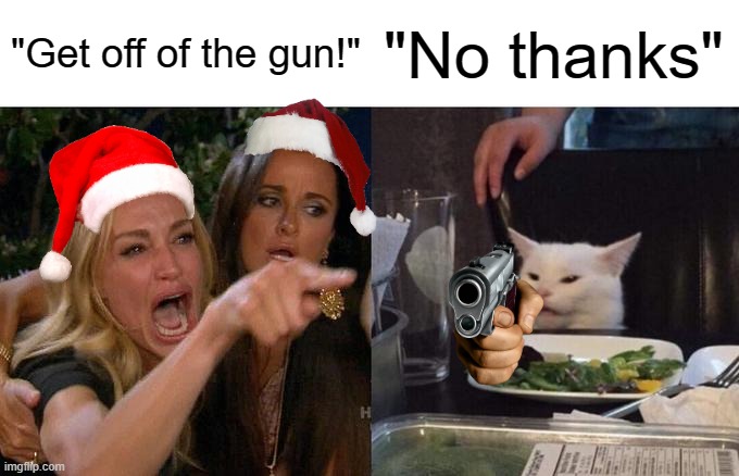 lol | "Get off of the gun!"; "No thanks" | image tagged in memes,woman yelling at cat | made w/ Imgflip meme maker