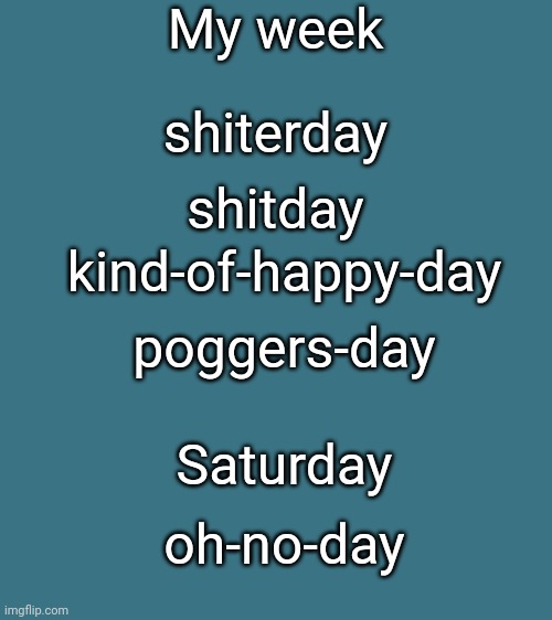 My week Saturday oh-no-day shitday kind-of-happy-day shiterday poggers-day | made w/ Imgflip meme maker