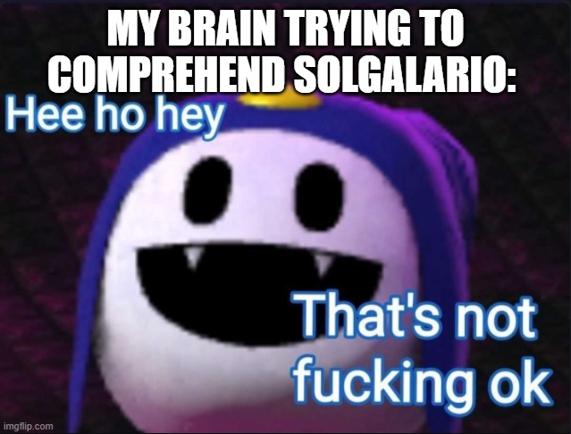 Hee Ho Hey, that's not f*cking okay | MY BRAIN TRYING TO COMPREHEND SOLGALARIO: | image tagged in hee ho hey that's not f cking okay | made w/ Imgflip meme maker