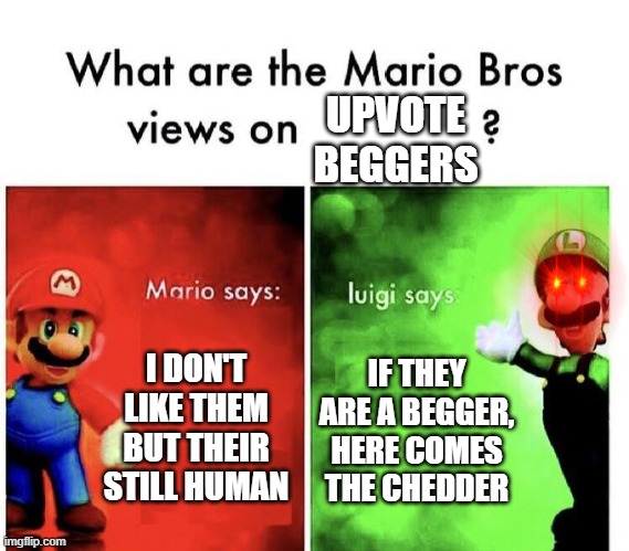 Agree? | UPVOTE BEGGERS; I DON'T LIKE THEM BUT THEIR STILL HUMAN; IF THEY ARE A BEGGER, HERE COMES THE CHEDDER | image tagged in mario bros views | made w/ Imgflip meme maker