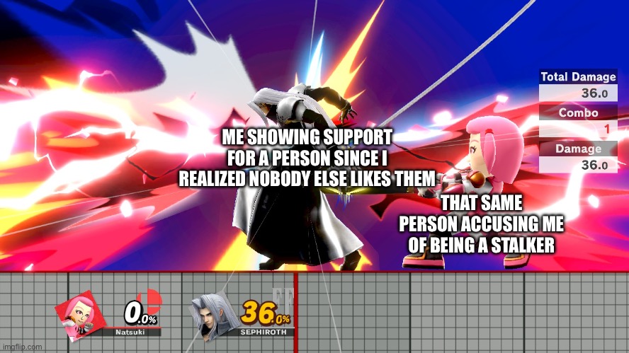 Natsuki hurts Sephiroth | ME SHOWING SUPPORT FOR A PERSON SINCE I REALIZED NOBODY ELSE LIKES THEM; THAT SAME PERSON ACCUSING ME OF BEING A STALKER | image tagged in natsuki hurts sephiroth | made w/ Imgflip meme maker