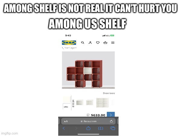 AMOGUS | AMONG SHELF IS NOT REAL IT CAN’T HURT YOU; AMONG US SHELF | image tagged in among us | made w/ Imgflip meme maker