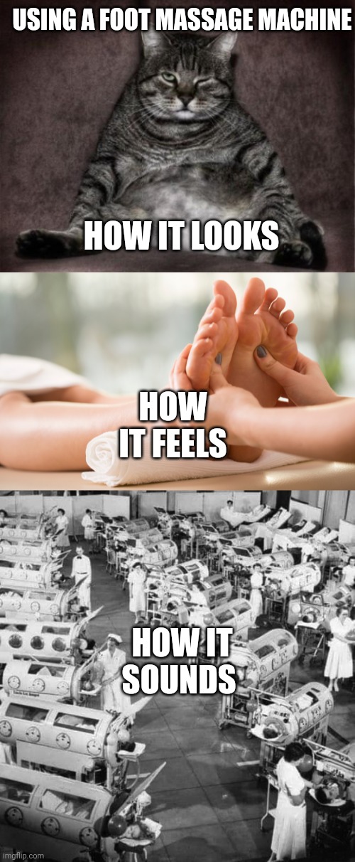 USING A FOOT MASSAGE MACHINE; HOW IT LOOKS; HOW IT FEELS; HOW IT SOUNDS | image tagged in lazy cat,iron lungs in a polio ward 1950 before polio vaccinations | made w/ Imgflip meme maker