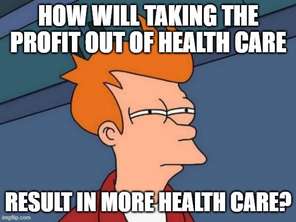 Government Health Care | HOW WILL TAKING THE PROFIT OUT OF HEALTH CARE; RESULT IN MORE HEALTH CARE? | image tagged in medical,hospital,healthcare,health care,health insurance,government | made w/ Imgflip meme maker