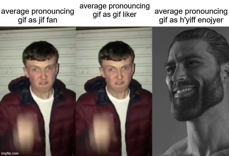 average pronouncing gif as jif fan; average pronouncing gif as h'yiff enojyer; average pronouncing gif as gif liker | image tagged in average fan vs average enjoyer,memes,funny,furry | made w/ Imgflip meme maker