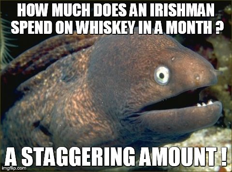 Bad Joke Eel Meme | HOW MUCH DOES AN IRISHMAN SPEND ON WHISKEY IN A MONTH ? A STAGGERING AMOUNT ! | image tagged in memes,bad joke eel | made w/ Imgflip meme maker