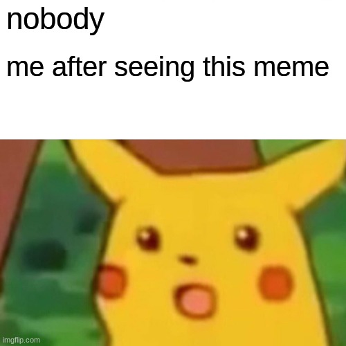 Surprised Pikachu Meme | nobody me after seeing this meme | image tagged in memes,surprised pikachu | made w/ Imgflip meme maker