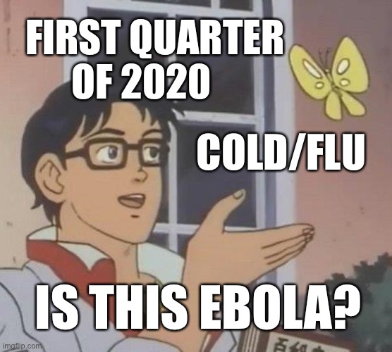 Is This A Pigeon | FIRST QUARTER 
      OF 2020; COLD/FLU; IS THIS EBOLA? | image tagged in memes,is this a pigeon | made w/ Imgflip meme maker
