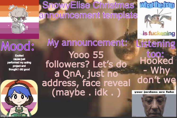 SnowyElise Christmas template | Hooked - Why don’t we; Excited cause just performed my acting project and thought I did good; Yooo 55 followers? Let’s do a QnA, just no address, face reveal (maybe . idk . ) | image tagged in snowyelise christmas template | made w/ Imgflip meme maker