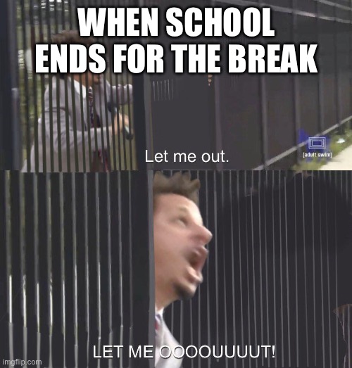 Every student as soon as they hear the final bell | WHEN SCHOOL ENDS FOR THE BREAK | image tagged in let me out | made w/ Imgflip meme maker