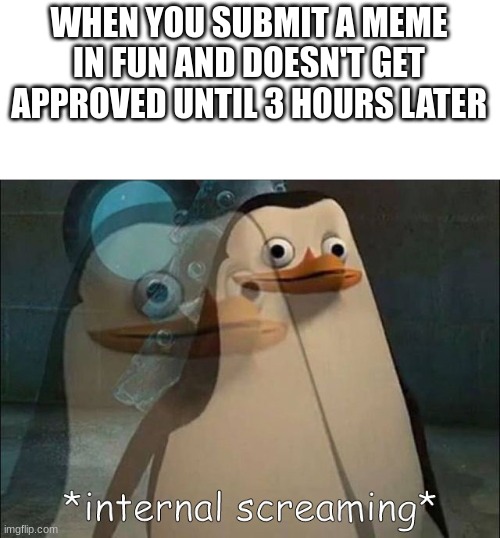 yeah | WHEN YOU SUBMIT A MEME IN FUN AND DOESN'T GET APPROVED UNTIL 3 HOURS LATER | image tagged in private internal screaming,hurry up,plz,memes,funny memes,relatable | made w/ Imgflip meme maker