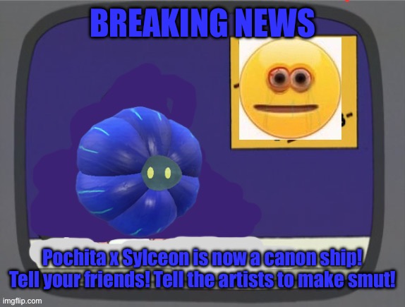 glimmora news thing temp | BREAKING NEWS; Pochita x Sylceon is now a canon ship! Tell your friends! Tell the artists to make smut! | image tagged in glimmora news thing temp | made w/ Imgflip meme maker