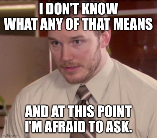 I'm too afraid to ask | I DON’T KNOW WHAT ANY OF THAT MEANS; AND AT THIS POINT I’M AFRAID TO ASK. | image tagged in i'm too afraid to ask | made w/ Imgflip meme maker