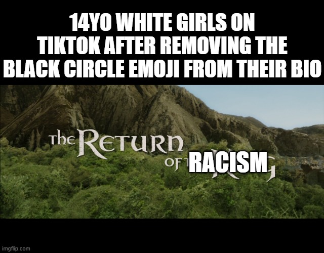 Underrated Meme template. | 14YO WHITE GIRLS ON TIKTOK AFTER REMOVING THE BLACK CIRCLE EMOJI FROM THEIR BIO; RACISM | image tagged in return of the king,funny,dark humor,memes,funny memes,tiktok | made w/ Imgflip meme maker