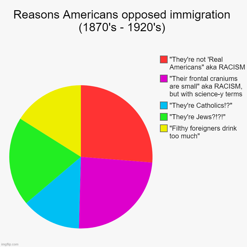 Reasons Americans opposed immigration (1870's - 1920's) | "Filthy foreigners drink too much" , "They're Jews?!?!", "They're Catholics!?" , " | image tagged in charts,pie charts | made w/ Imgflip chart maker