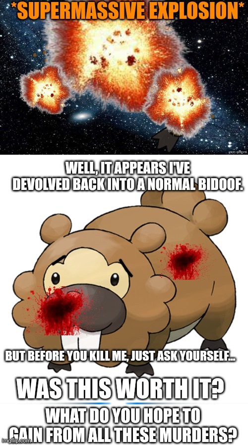 What happens when you kill final bidoof (he doesn't give you an item) | WHAT DO YOU HOPE TO GAIN FROM ALL THESE MURDERS? | made w/ Imgflip meme maker