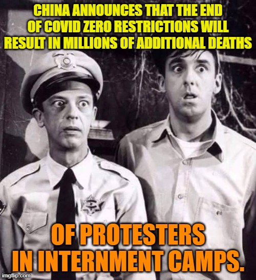 Andy! Andy! Protesters are being rounded up and disappearing now that the media has moved on... | CHINA ANNOUNCES THAT THE END OF COVID ZERO RESTRICTIONS WILL RESULT IN MILLIONS OF ADDITIONAL DEATHS; OF PROTESTERS IN INTERNMENT CAMPS. | image tagged in barney n gomer | made w/ Imgflip meme maker