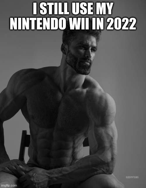 Giga Chad | I STILL USE MY NINTENDO WII IN 2022 | image tagged in giga chad | made w/ Imgflip meme maker