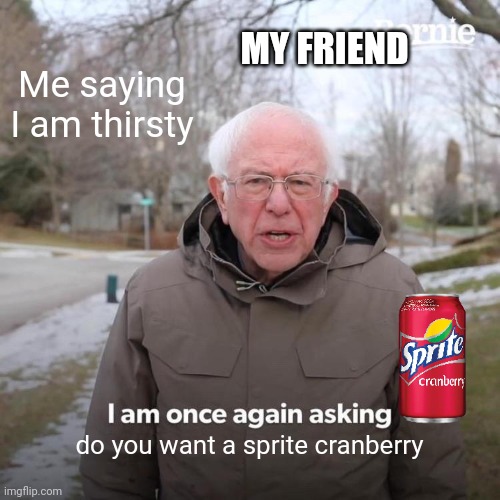 Bernie I Am Once Again Asking For Your Support Meme | MY FRIEND; Me saying I am thirsty; do you want a sprite cranberry | image tagged in memes,bernie i am once again asking for your support | made w/ Imgflip meme maker