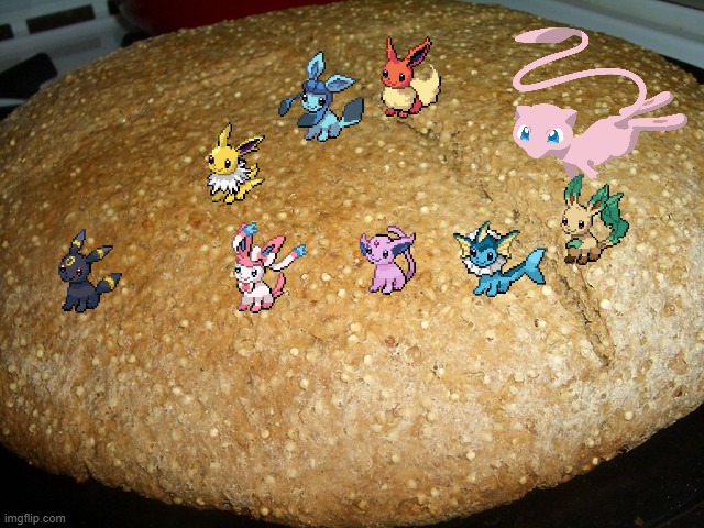 Mew meets the baby Eeveelutions, and gives them a bread bed. | image tagged in baby eeveelutions,mew,bread bed,bread | made w/ Imgflip meme maker