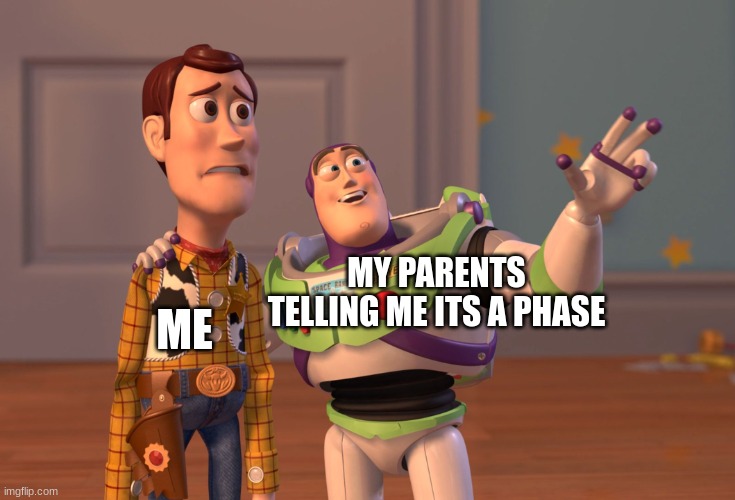 my parents hate me lol | ME; MY PARENTS TELLING ME ITS A PHASE | image tagged in memes,x x everywhere | made w/ Imgflip meme maker