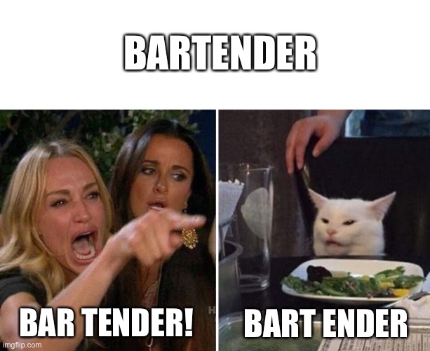 BARTENDER; BAR TENDER! BART ENDER | image tagged in blank white template,angry lady cat | made w/ Imgflip meme maker