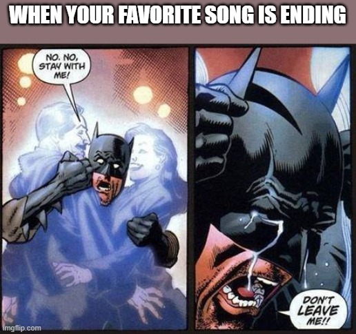 Batman don't leave me | WHEN YOUR FAVORITE SONG IS ENDING | image tagged in batman don't leave me | made w/ Imgflip meme maker