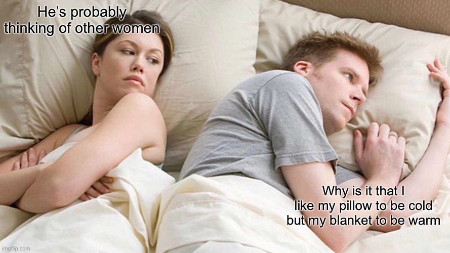 I Bet He's Thinking About Other Women | He’s probably thinking of other women; Why is it that I like my pillow to be cold but my blanket to be warm | image tagged in memes,i bet he's thinking about other women | made w/ Imgflip meme maker