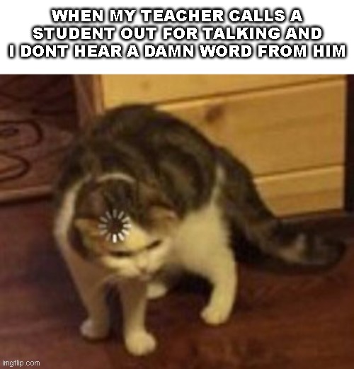 Loading cat | WHEN MY TEACHER CALLS A STUDENT OUT FOR TALKING AND I DONT HEAR A DAMN WORD FROM HIM | image tagged in loading cat,calling out on students | made w/ Imgflip meme maker