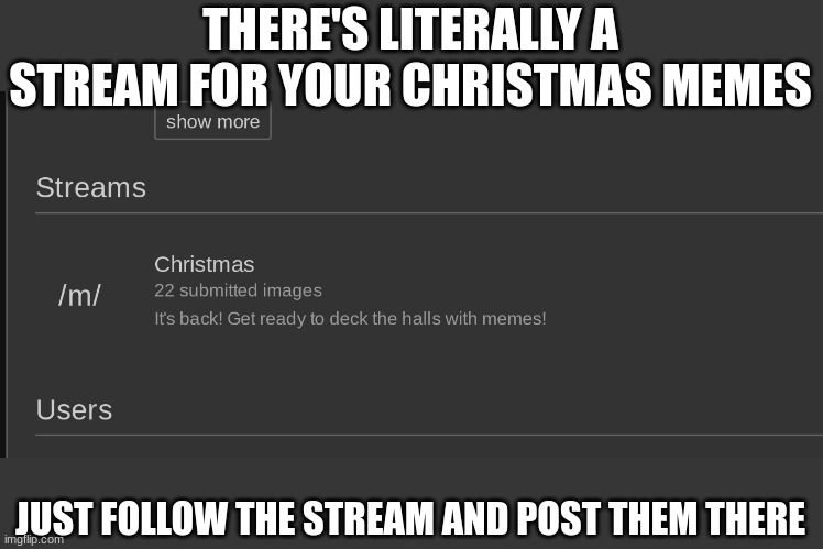 I'm yet again asking | THERE'S LITERALLY A STREAM FOR YOUR CHRISTMAS MEMES; JUST FOLLOW THE STREAM AND POST THEM THERE | image tagged in christmas,stream,memes | made w/ Imgflip meme maker