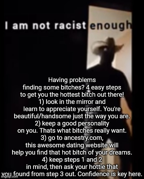 I am not racist enough | Having problems finding some bitches? 4 easy steps to get you the hottest bitch out there!
1) look in the mirror and learn to appreciate yourself. You're beautiful/handsome just the way you are.
2) keep a good personality on you. Thats what bitches really want.
3) go to ancestry.com, this awesome dating website will help you find that hot bitch of your dreams.
4) keep steps 1 and 2 in mind, then ask your hottie that you found from step 3 out. Confidence is key here. | image tagged in i am not racist enough | made w/ Imgflip meme maker