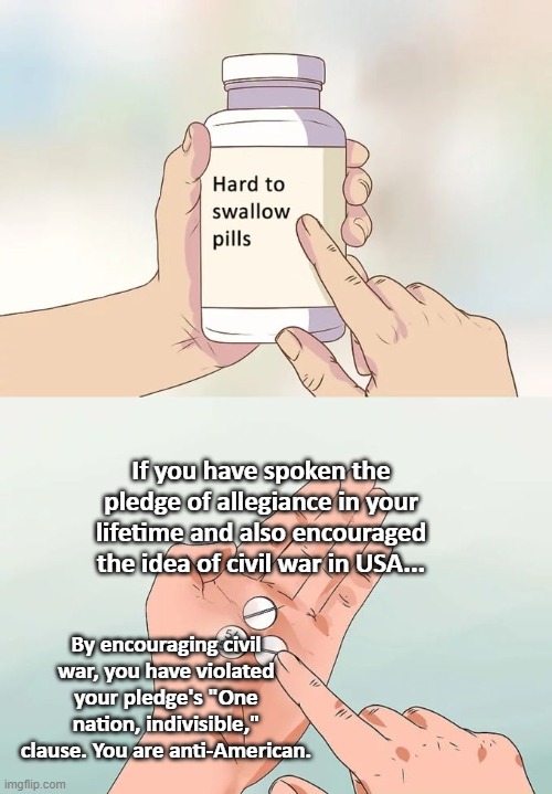 Traitors, all of'em. | If you have spoken the pledge of allegiance in your lifetime and also encouraged the idea of civil war in USA... By encouraging civil war, you have violated your pledge's "One nation, indivisible," clause. You are anti-American. | image tagged in memes,hard to swallow pills,politics,maga,right wing,extremists | made w/ Imgflip meme maker