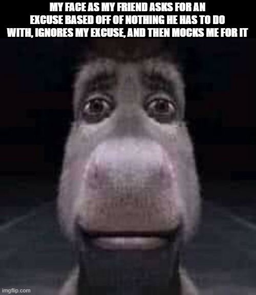 ... | MY FACE AS MY FRIEND ASKS FOR AN EXCUSE BASED OFF OF NOTHING HE HAS TO DO WITH, IGNORES MY EXCUSE, AND THEN MOCKS ME FOR IT | image tagged in donkey staring,donkey,stare | made w/ Imgflip meme maker