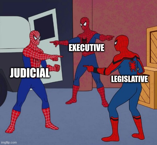 Spider Man Triple | EXECUTIVE; JUDICIAL; LEGISLATIVE | image tagged in spider man triple | made w/ Imgflip meme maker